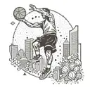 A basketball player shooting hoops on a skyline of skyscrapers with money raining down tattoo design idea