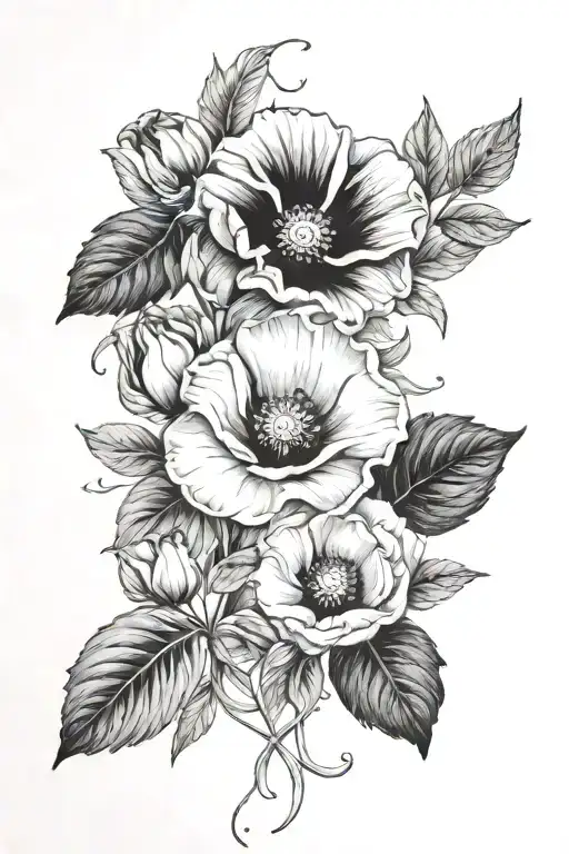 poppy, rose, violet, morning glory,  cosmos tattoo design idea