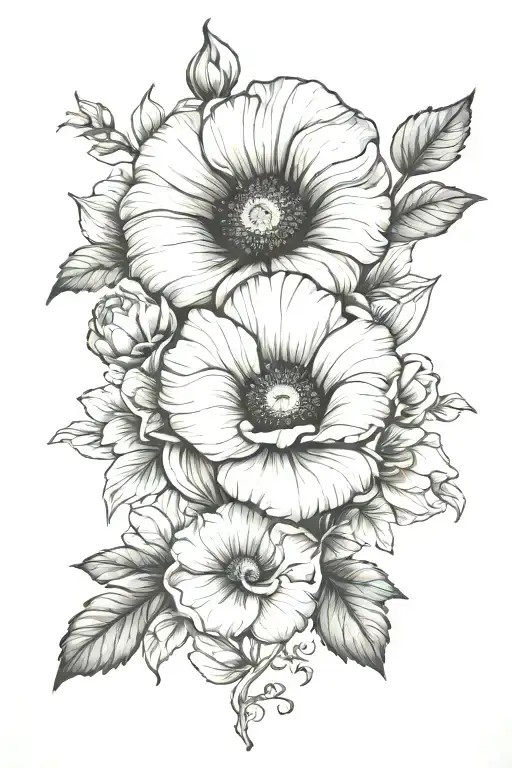 poppy, rose, violet, morning glory,  cosmos tattoo design idea
