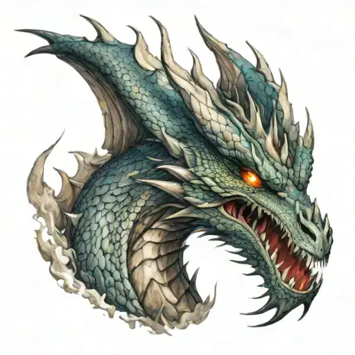 An angry dragon breathing fire on a landscape resembling Anatolia tattoo design idea