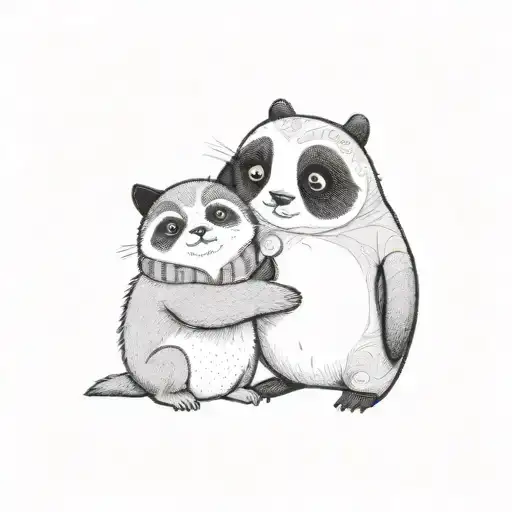 panda penguin and persian cat hugging each other happily tattoo design idea