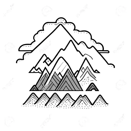 A mountain landscape with a Doberman with floppy ears hiking tattoo design idea