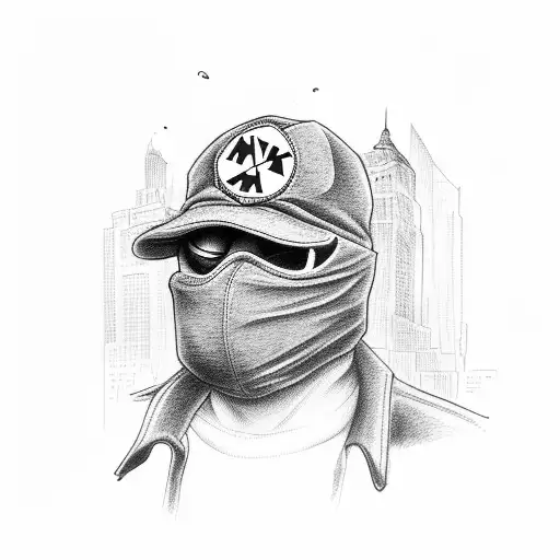 a New York taxi driver with skimask robbing a man from his vehicle at midnight by sidewalk tattoo design idea