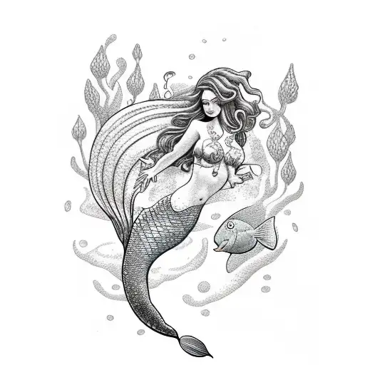 Mermaid in a mystical underwater garden tattoo design idea