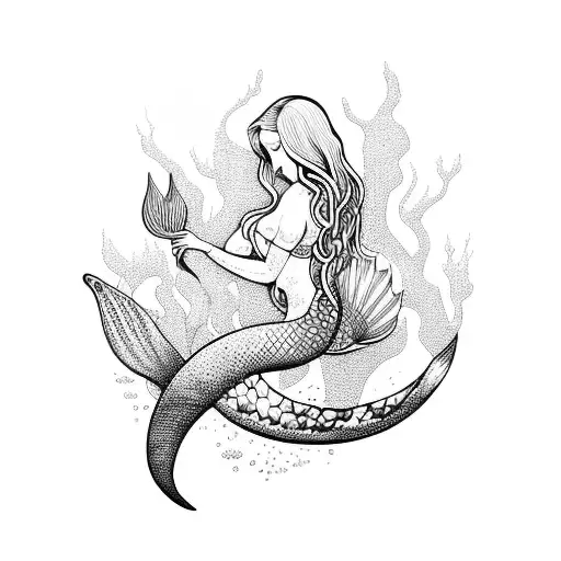 Mermaid in a mystical underwater garden tattoo design idea