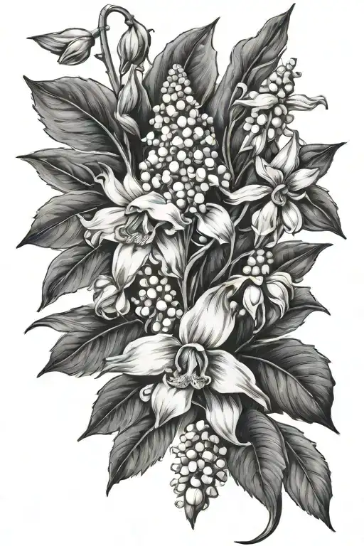 Lilly of the valley, foxglove, and daffodil boquet tattoo design idea