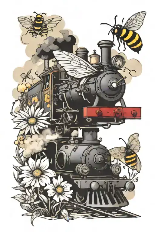 steam train and wild flowers and bumble bee floating tattoo design idea