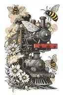 steam train and wild flowers and bumble bee floating tattoo design idea