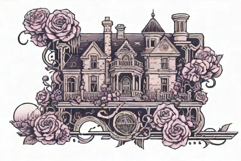 A tattoo design featuring a haunted mansion surrounded by a field of mauve flowers, with a ghostly figure emerging from the shadows tattoo design idea
