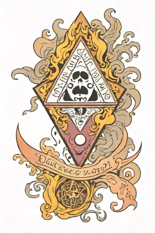 A tattoo design of a mauve-colored ouija board planchette spelling out a cryptic message, surrounded by swirling smoke and ghostly figures tattoo design idea