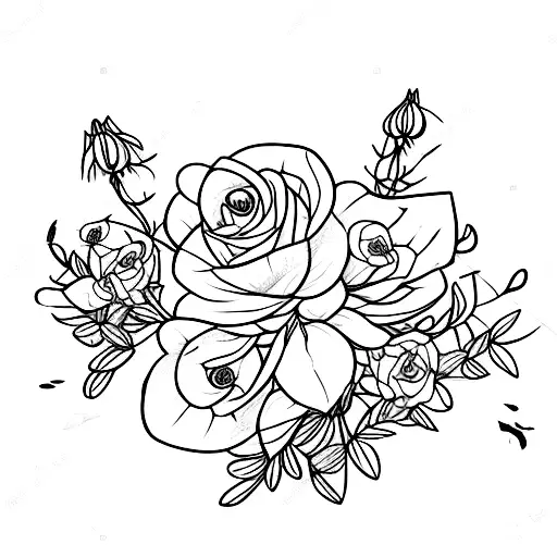 honeysuckle flowers and little roses with the stems tied together with a ribbon fine line no shading  tattoo design idea