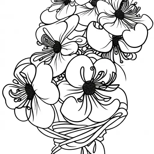 honeysuckle flowers in a bouquet wrapped in a ribbon,  no shading, fine line work tattoo design idea