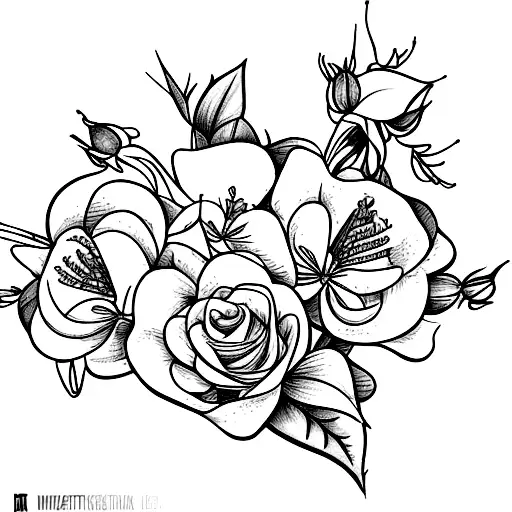 honeysuckle flowers and little roses tied together with a ribbon fine line no shading  tattoo design idea