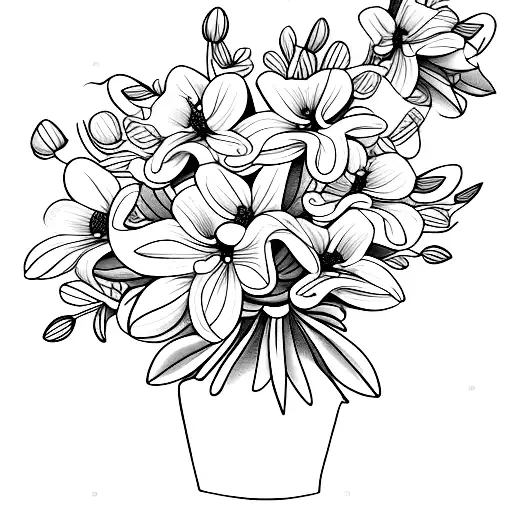 honeysuckle flowers in a bouquet wrapped in a ribbon,  no shading, fine line work tattoo design idea