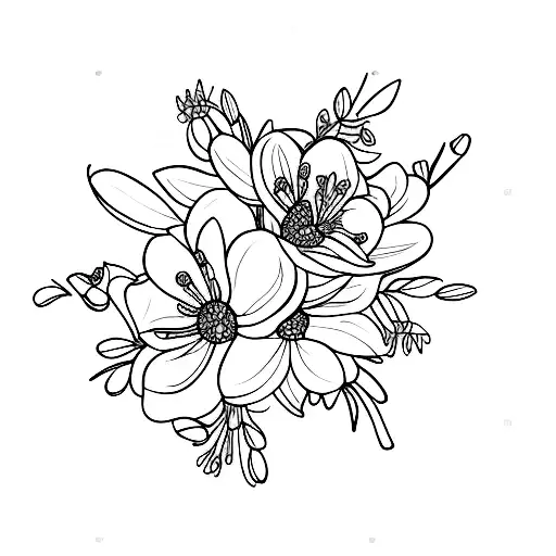 honeysuckle flowers in a bouquet wrapped in a ribbon,  no shading, fine line work tattoo design idea