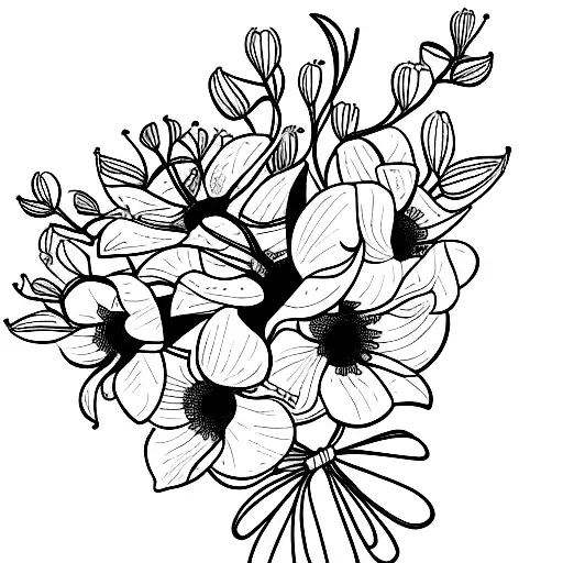 honeysuckle flowers in a bouquet wrapped in a ribbon,  no shading, fine line work tattoo design idea