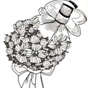 honeysuckle flowers in a bouquet wrapped in a ribbon,  no shading, fine line work tattoo design idea
