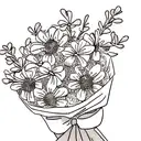 honeysuckle flowers in a bouquet wrapped in a ribbon,  no shading, fine line work tattoo design idea