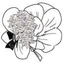 honeysuckle flowers in a bouquet wrapped in a ribbon,  no shading, fine line work tattoo design idea