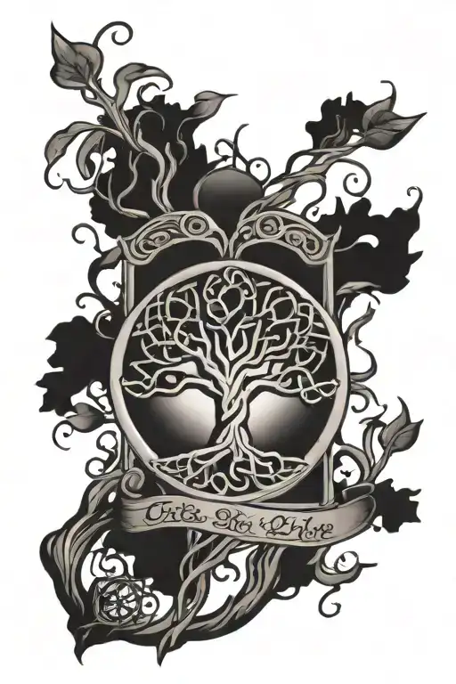 A black and grey tattoo of a Celtic tree of life intertwined with a police badge, symbolizing the client's dedication to both their heritage and profession tattoo design idea
