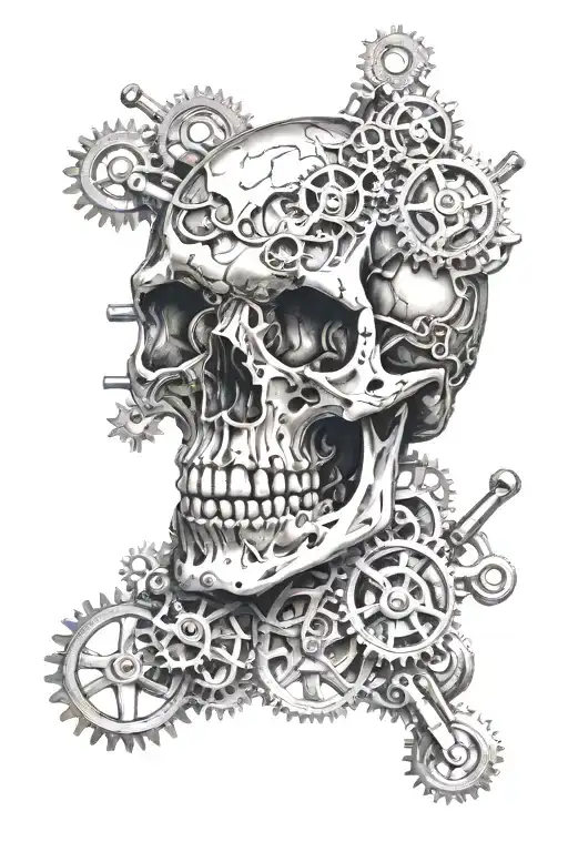 A detailed mechanical skull with gears and pistons, representing the client's passion for machinery and skulls tattoo design idea
