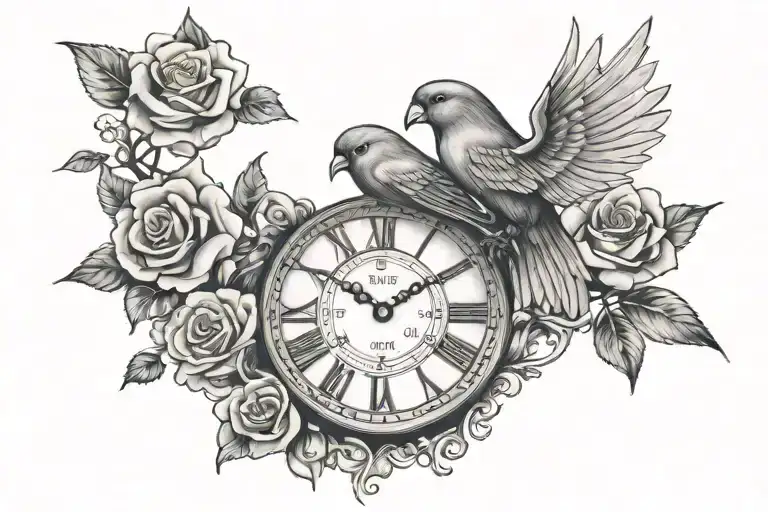 rose, heaven, love bird flying, clock, rest in peace tattoo design idea