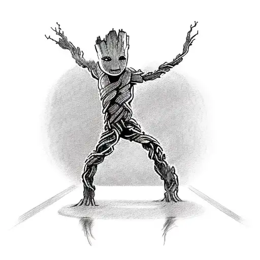 make a medium tattoo design of baby groot dancing or waving out line sketch without vase and flower pot base on cartoon tattoo design idea