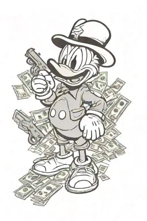 Donald Duck's face with guns and money, a Russian roulette and tattooed Mickey Mouse tattoo design idea