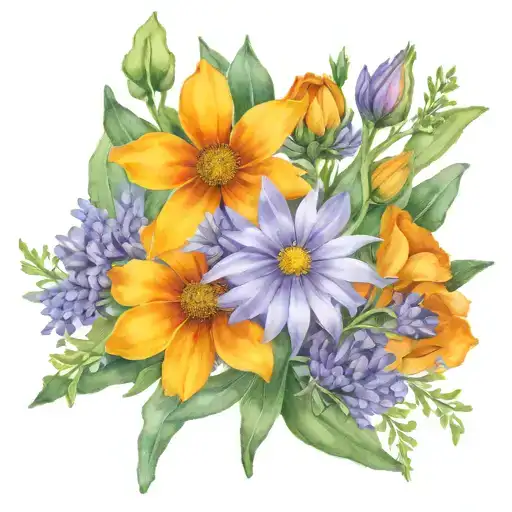 bouquet of frikart's aster, california lilac, western redbud, california poppy, blanket flower, goodwin creek lavender,  tattoo design idea