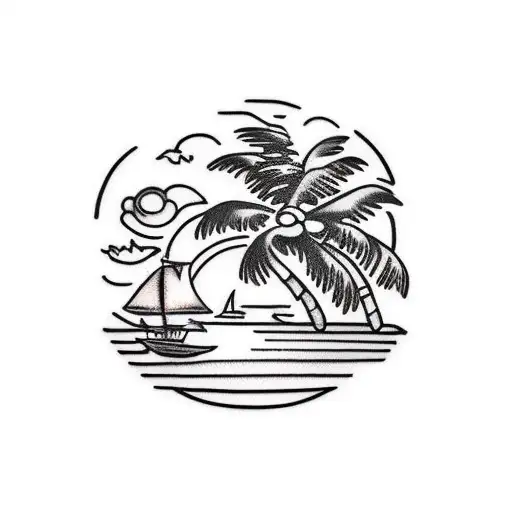 small island with palm tree on top, long chain under attached to an anchor, ship wheel on the anchor tattoo design idea