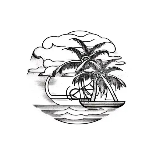 small island with palm tree on top, long chain under attached to an anchor, ship wheel on the anchor tattoo design idea