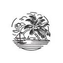 small island with palm tree on top, long chain under attached to an anchor, ship wheel on the anchor tattoo design idea