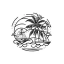 small island with palm tree on top, long chain under attached to an anchor, ship wheel on the anchor tattoo design idea
