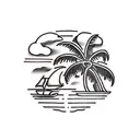 small island with palm tree on top, long chain under attached to an anchor, ship wheel on the anchor tattoo design idea