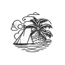 small island with palm tree on top, long chain under attached to an anchor, ship wheel on the anchor tattoo design idea