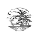 small island with palm tree on top, long chain under attached to an anchor, ship wheel on the anchor tattoo design idea