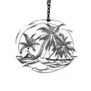 small island with palm tree on top, long chain under attached to an anchor, ship wheel on the anchor tattoo design idea