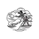 small island with palm tree on top, long chain under attached to an anchor, ship wheel on the anchor tattoo design idea
