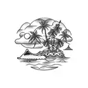 small island with palm tree on top, long chain under attached to an anchor, ship wheel on the anchor tattoo design idea