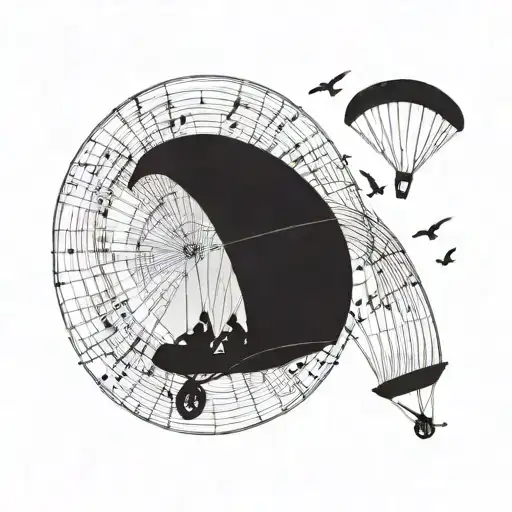 A paraglider silhouette against a sunset sky, with musical notes forming a dynamic trail behind, symbolizing the client's love for speed flying and music tattoo design idea