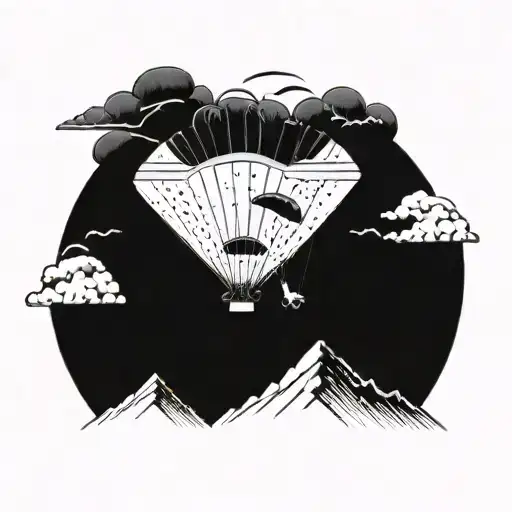 A paraglider soaring through a mountain range with musical notes trailing behind, symbolizing the thrill of speed flying and love for music tattoo design idea