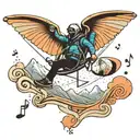 A paraglider soaring through a mountain range with musical notes trailing behind, symbolizing the thrill of speed flying and love for music tattoo design idea