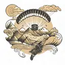 A paraglider soaring through a mountain range with musical notes trailing behind, symbolizing the thrill of speed flying and love for music tattoo design idea