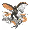 A paraglider soaring through a mountain range with musical notes trailing behind, symbolizing the thrill of speed flying and love for music tattoo design idea