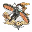A paraglider soaring through a mountain range with musical notes trailing behind, symbolizing the thrill of speed flying and love for music tattoo design idea