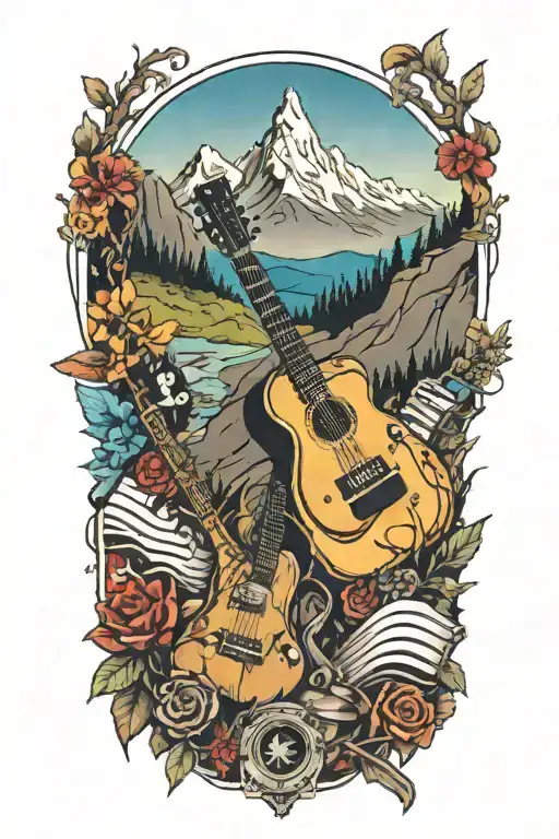 A guitar and piano intertwined with mountain peaks and hiking trails tattoo design idea