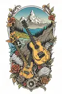 A guitar and piano intertwined with mountain peaks and hiking trails tattoo design idea