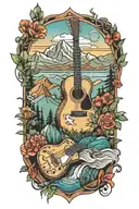 A guitar and piano intertwined with mountain peaks and hiking trails tattoo design idea