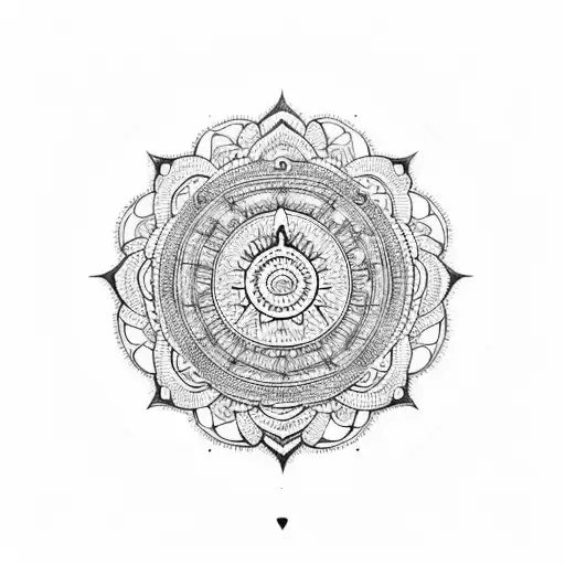 A mandala design incorporating elements of Hinduism spirituality and workout symbols tattoo design idea