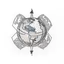 A traditional tattoo depicting a spaceship flying over a map of the world, symbolizing your love for travelling and exploring tattoo design idea